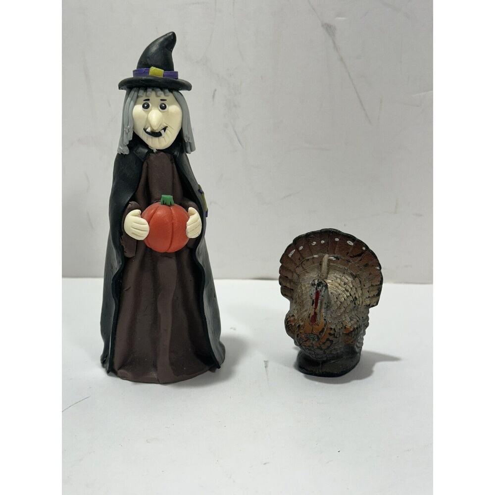 LOT Of 2 Halloween Decor - 1 Gurley Thanksgiving Turkey Candle + Clay Witch Doll